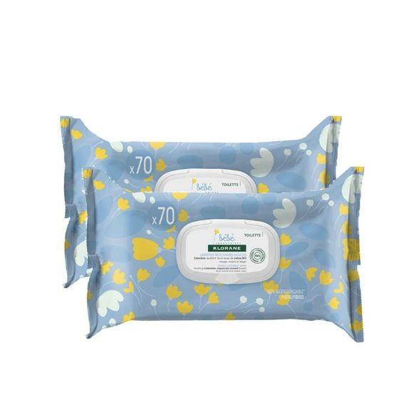 KLORANE BEBE TOALLITAS LIMPIADORAS SUAVES LECHE DE TOILETTE PACK DUO;2X70U