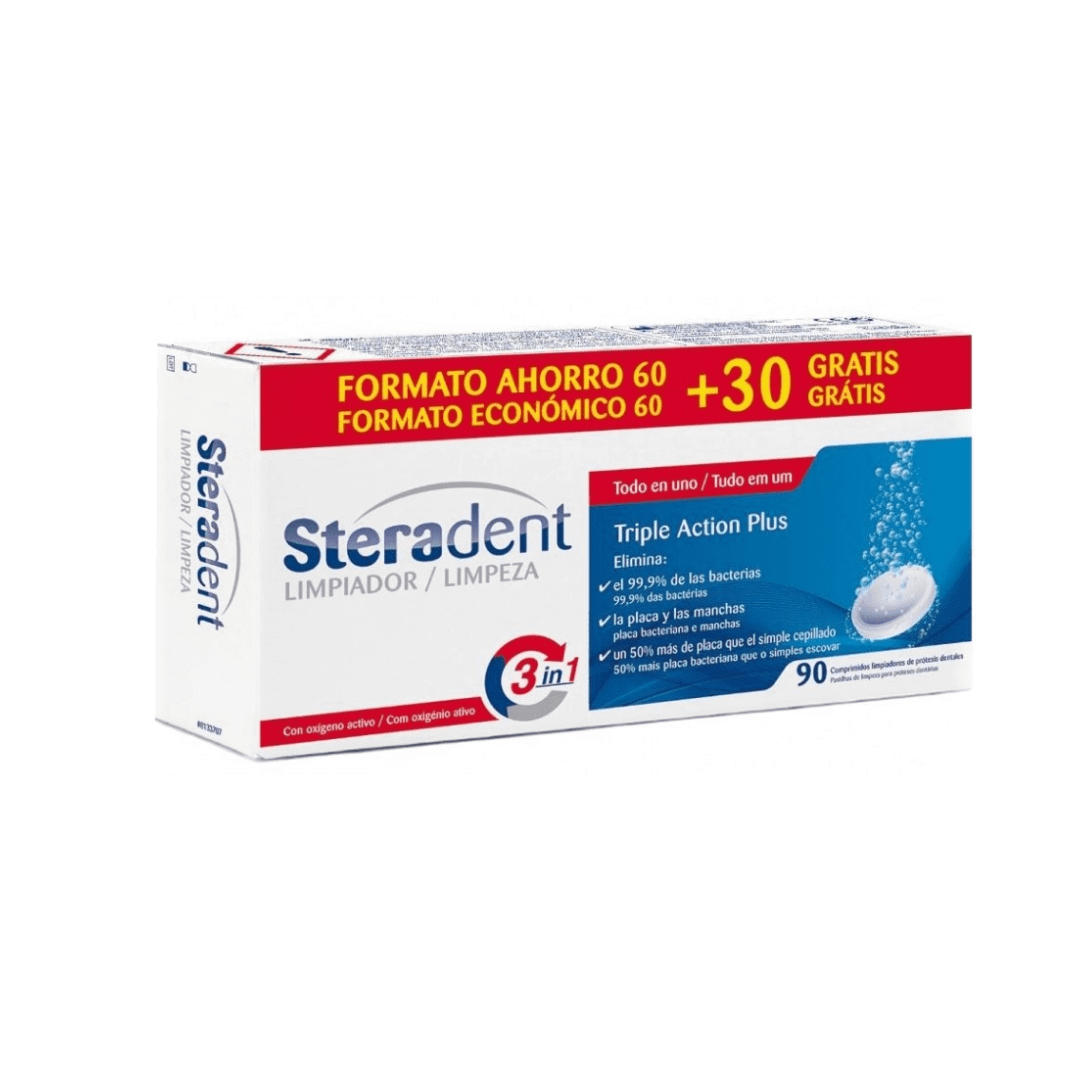 STERADENT TRIPLE ACCION PLUS LIMPIEZA PROTESIS DENTAL; 90 COMPRIMIDOS