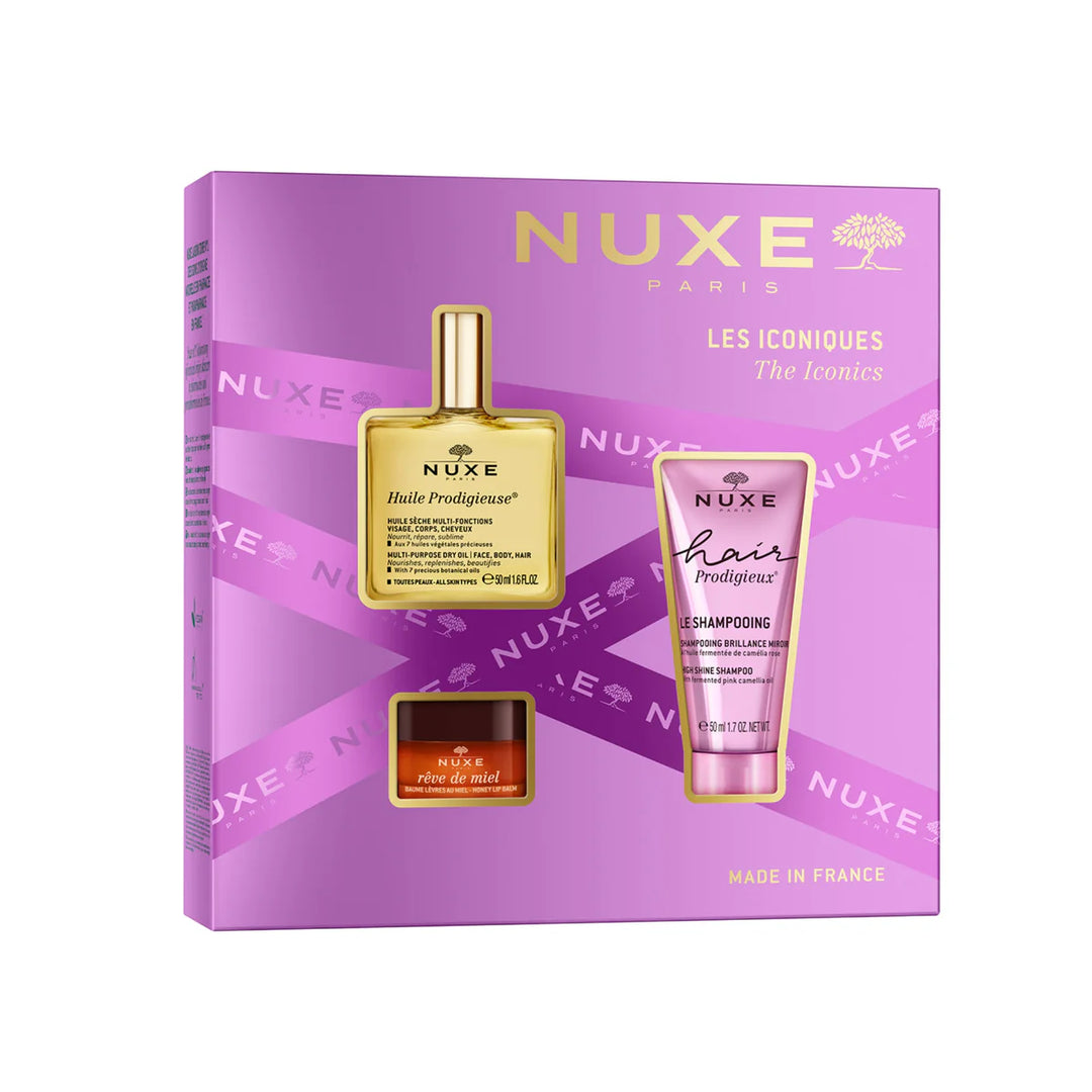 NUXE COFRE LOS ICONICOS HUILE 50ML+ SHAMPOOING + REVE DE MIEL LABIAL
